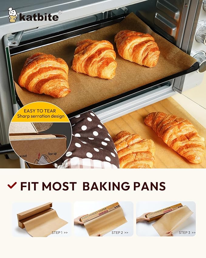 Katbite Parchment Paper Roll 15in x 115ft, Unbleached Pachment Baking Paper Roll 145 Sq.Ft, Non-Stick and Extra Longer Parchment Paper with Portable Serrated Cutter for Baking,Cooking,Space-saving