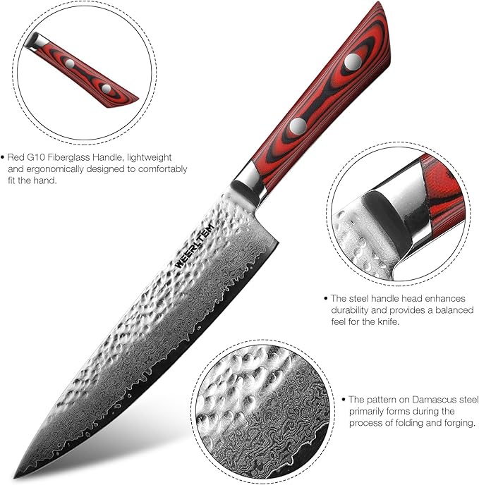 Damascus Sharp Knife(Red), 8 Inch Professional 67-Layer VG10 Damascus Kitchen knives, Hand Hammered Ultra Sharp Japanese Kitchen knife with Red G10 Handle & Gift Box