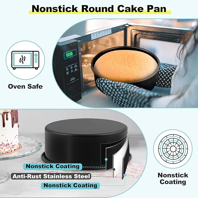 LIANYU 6 Inch Round Cake Pan for Baking, Nonstick Stainless Steel Baking Cake Pan Tin Bakeware for Birthday Wedding Party, Non Toxic Coating, 2 Inch Deep, Dishwasher Safe, Black