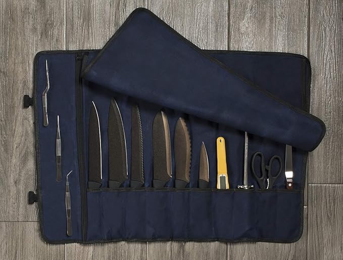Asaya Canvas Chef Knife Roll Bag - 10 Knife Slots and a Large Zipper Pocket - Durable 10oz Canvas Knife Case with an Adjustable Shoulder Strap - Knives not Included