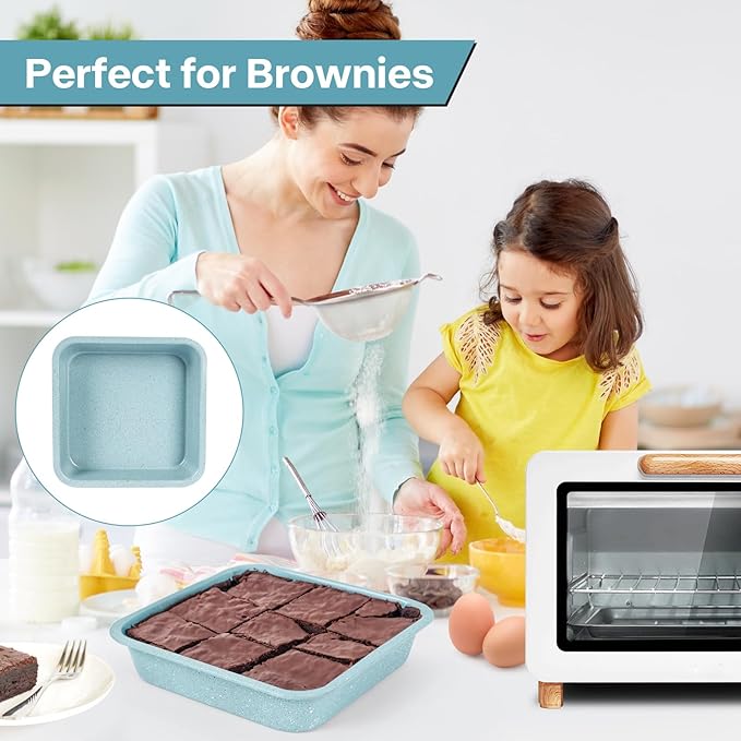2-Pack 8 inch Square Baking Pan, Non-Stick Square Cake Pan for Cakes Lasagna Brownies, 8x8 Baking Pan, Even Heating, Easy to Clean, Light Blue