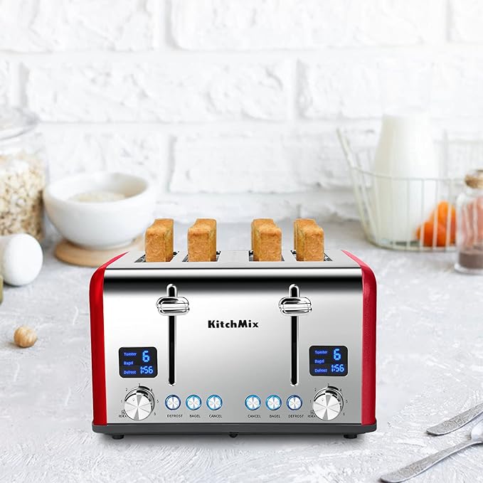Toaster 4 Slice, KitchMix Bagel Stainless Toaster with LCD Timer, Extra Wide Slots, Dual Screen, Removal Crumb Tray (Red)