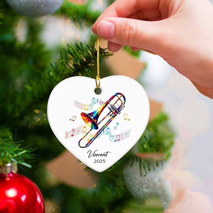 Trombonist Ceramic Ornament 2025, Custom Trombone Musical Christmas Ornament Gifts for Trombonist, Instrumentalist Ornaments Decor, Personalized Name & Year Trombone Lovers Ceramic Keepsake Xmas Tree