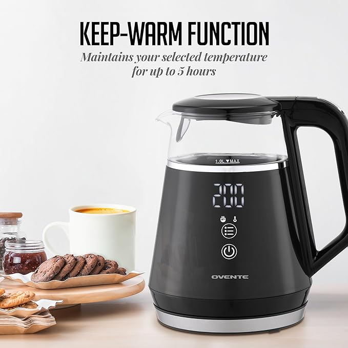 OVENTE 1L Small Electric Kettle with 5 Temperature Preset, Digital Display, 5Hr Keep Warm, Auto Shut-Off, Double-Wall Cool Touch Exterior, Borosilicate Glass,1500W BPA Free Water Boiler, Black KD95B