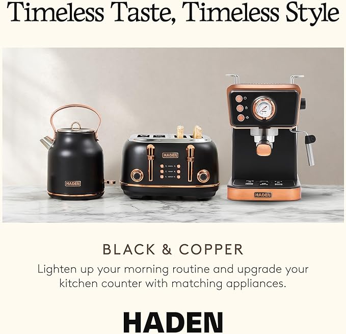 HADEN Barista Brew Espresso Coffee Machine, Stainless Steel Espresso Maker with Milk Frother and Steamer Function and 1.5L Water Tank, Black & Copper
