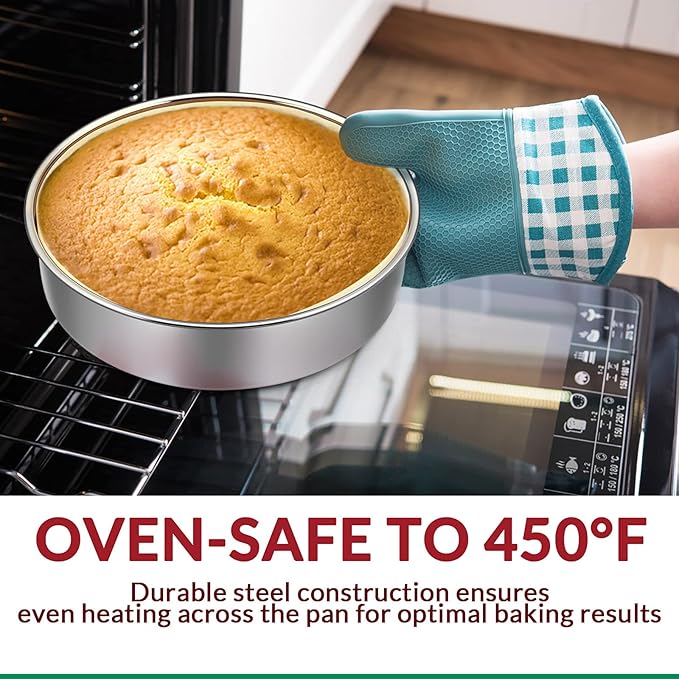 8 Inch Cake Pan Set of 3, E-Far Stainless Steel Round Layer Cake Baking Pans with Parchment Rounds & Side Liner Roll, Non-Toxic & Healthy Metal Cakes Tin, Straight Side & Dishwasher Safe