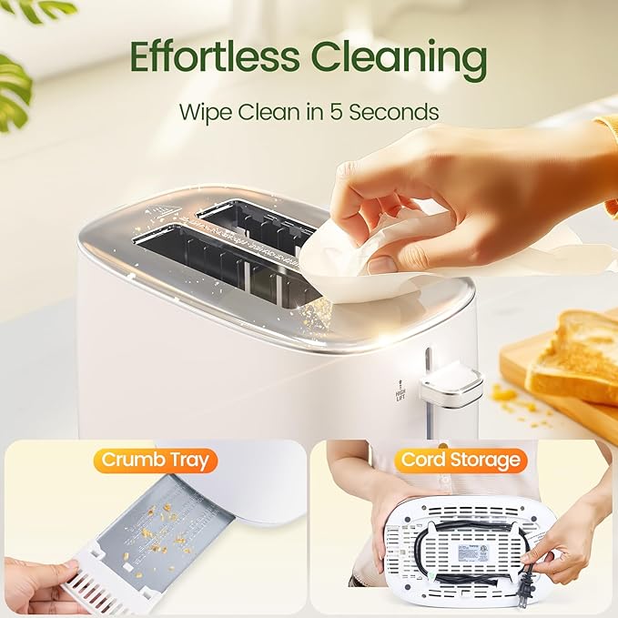 Topzee Toaster 2 Slice, Wide Slot for Toasting Bagel Muffin Waffle Gluten Free Breads, 7 Shade Settings, Defrost & Reheat, Stainless Steel, Easy Clean, White