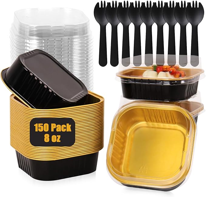 FORBFAN 150 Pack 8 oz Mini Square Cake Pans with Lids, Aluminium Foil Square Brownie Baking Cups, Black and Gold Disposable Ramekins Oven Safe