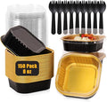 FORBFAN 150 Pack 8 oz Mini Square Cake Pans with Lids, Aluminium Foil Square Brownie Baking Cups, Black and Gold Disposable Ramekins Oven Safe