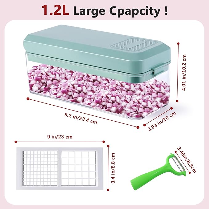 Vegetable Chopper, Onion Dicer, Mandoline Slicer, Food Chopper with Container, Vegetable Cutter for Salad Potato Carrot Garlic（2 Blades, Blue White）