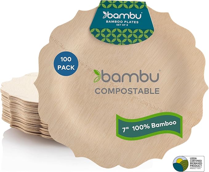 Bambu Pack of 100-7 Inch Disposable Bamboo Plates Fancy, Biodegradable Eco Friendly Products, Bamboo Disposable Plates for Party, Weddings, and Events, Great For Any Occasion - Bulk Case