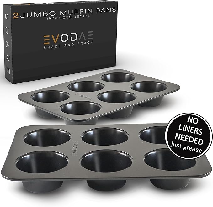 EVODAE® Jumbo Muffin Pan in Holiday Gift Box – Set of 2, 12 Cup (2x6) Large Muffin Pan & Large Cupcake Pan – Pro-Grade Nonstick Bakeware – PFOA & PTFE Free – Great Gift for Bakers & Holiday Baking