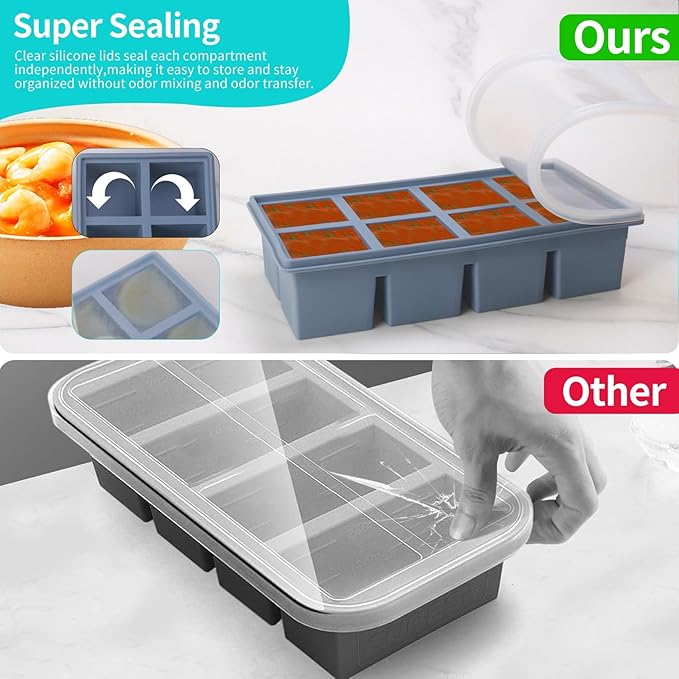 1/2 Cup Silicone Freezer Tray With Lid,Silicone Freezer Molds 3-Pack For meal prep & freezing of various sauces and other dishes, makes 24 perfect 1/2 cup portions cubes (Multicolor 3 Pack)