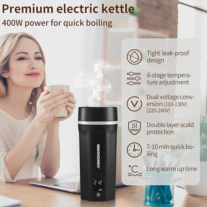 550ml Travel Kettle,110V-240V Dual Voltage Portable Electric Kettle 6-Temperature Control,304 Stainless Steel Small Mini Tea Coffee Kettle,400W Fast Water Boiler with Auto Shut-Off, Black