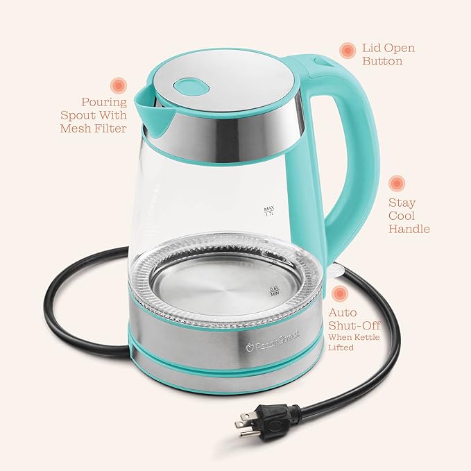 Speed-Boil Water Electric Kettle, 1.7L 1500W, Coffee & Tea Kettle Borosilicate Glass, Water Boiler, Auto Shut-Off, Cool Touch Handle, Base Detachable, LED. 360° Rotation, Boil Dry Protection (Aqua)