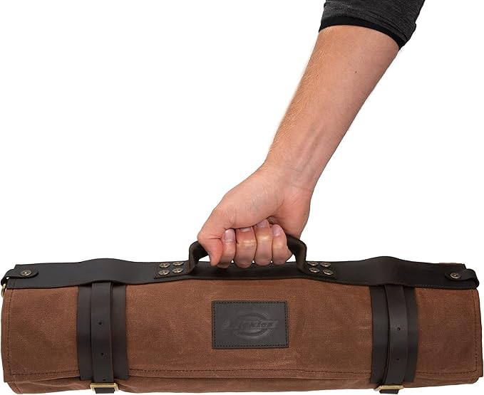 Dickies Chef Knife Roll Bag Portable Organizer and Cutlery Storage Roll, Waxed Canvas and Leather, Large
