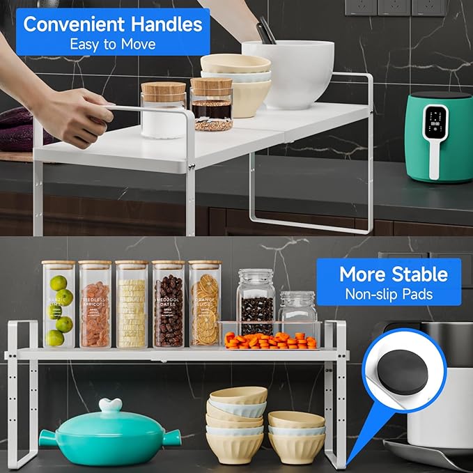 Expandable Cabinet Shelf Organizer, Stackable Kitchen Pantry Counter Storage, Adjustable Closet Cupboard Stand Rack Risers Spice Organization 80LBS Heavy Duty White 2 Pack