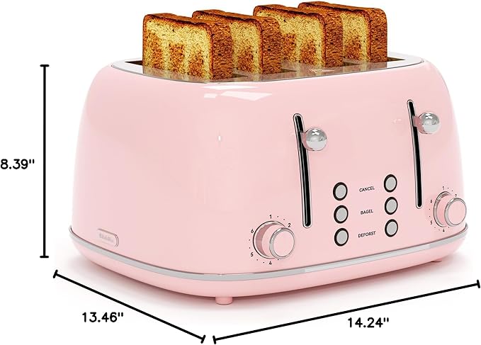 Toaster 4 Slice, Retro Stainless with 6 Bread Shade Settings,1.5''Wide Slots Toaster with Cancel/Defrost/Reheat Functions,Dual Independent Control Panel, Removal Crumb Tray (Pink)