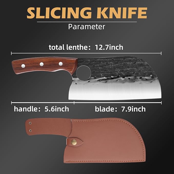 8'' Hand Forged Wood Butcher Knife Santoku for Meat Cutting Bone Chopping Kitchen Outdoor BBQ Camping