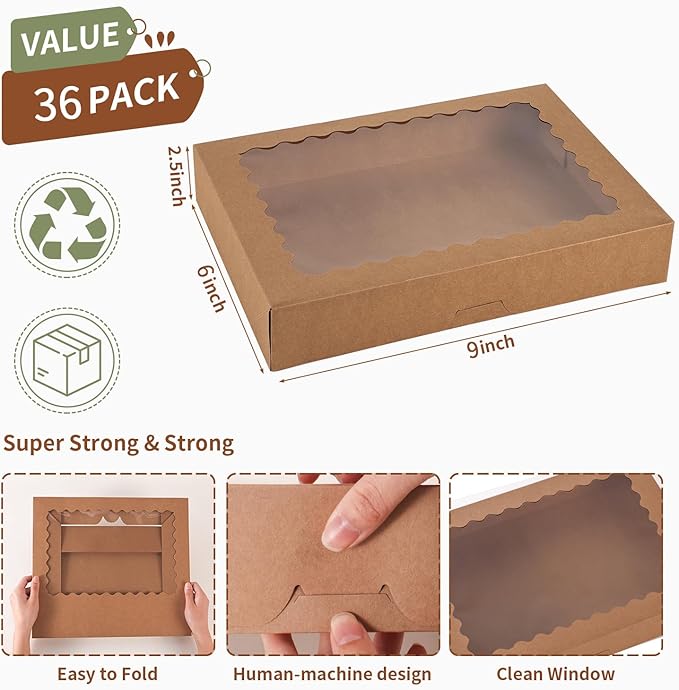 Cookie Boxes,9x6x2.5 Inch Large Bakery Boxes with Window for Pies Chocolate Strawberries Muffins Donuts Pastry Dessert Christmas (Brown, 9 * 6 * 2.5inch/36pcs)