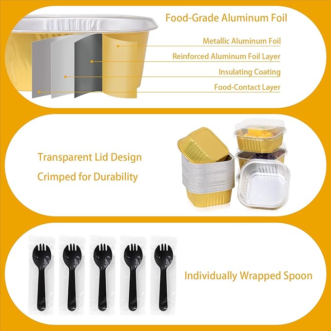 FORBFAN 150 Pack Mini Cake Pans with Lids and Spoons, 10 oz Aluminium Foil Square Brownie Baking Cups, Disposable Ramekins Cupcake Tins