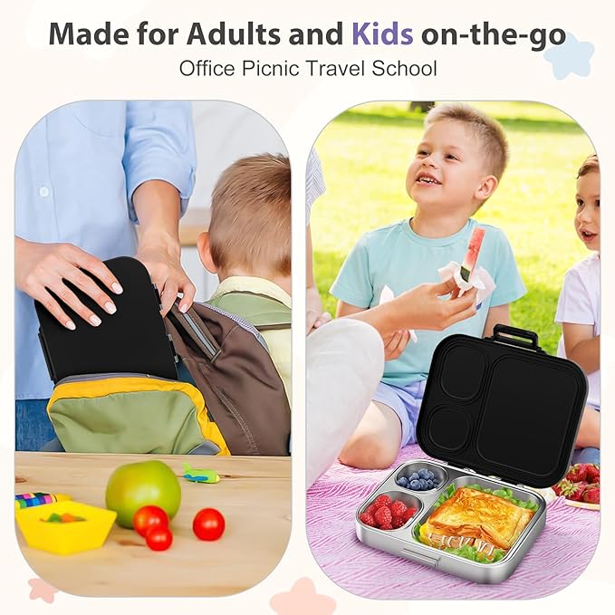 Stainless Steel Bento Box Kids, Leak Proof Metal Bento Lunch Box,3 Compartments 304 Stainless Steel Bento Lunch Containers for School and Office, BPA-Free(Black)