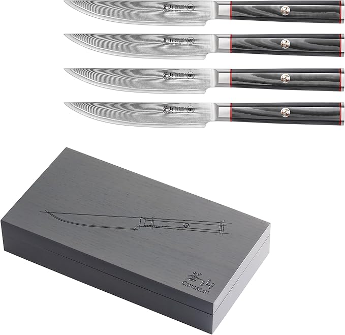 Cangshan YARI Series 4-Piece Fine Edge Steak Knife Set with Ash Wood Box, X-7 Damascus Steel
