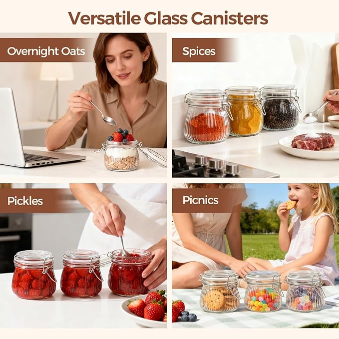 ComSaf Airtight Glass jar with lid 17oz, Glass Storage Containers with Lids, Small Canister, Mason Jars, Minimalist Jar for Kitchen Canning, Overnight Oats, Pickle, Spice, Set of 6