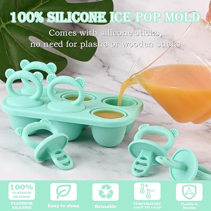 Sakolla Baby Popsicle Molds Mini 6-Cavity Silicone Ice Pop Mold with Sticks Breastmilk Popsicle Molds for Teething Relief Toddler Popsicle Mold for Ice Cream Frozen Yogurt and Fruit Juice (Green)