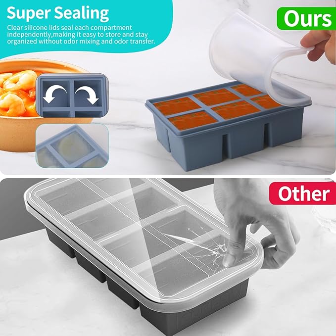 1/2 Cup Silicone Freezer Tray With Lid,Silicone Freezer Molds 3-Pack For meal prep & freezing of various sauces and other dishes, makes 18 perfect 1/2 cup portions cubes (Multicolor 3 Pack)
