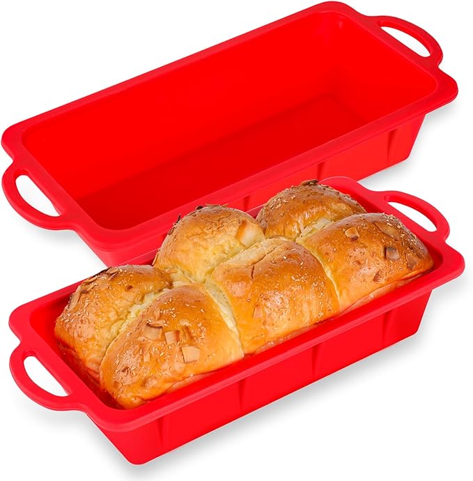 Vinino 2 Pack Silicone Bread Loaf Pan with Metal Reinforced Frame, 9.5 x 5 in Non-stick Silicone 1 lb Loaf Pan for Baking, Durable Bread Pan for Oven Dishwasher Safe - Red