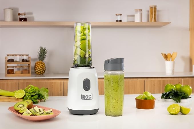 BLACK+DECKER® Ice Crush Single Serve Blender with Pulse/ON Button, Base, Two 20oz Personal Blender Jars, Blade Assembly, Travel Lid, White