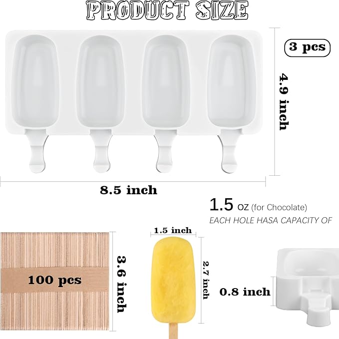 Sakolla Mini Popsicle Silicone Molds, 4 Cavities Homemade Ice Cream Molds with 100 Wooden Sticks for Ice Pop, Cakesicles, Cake Pop (Set of 3, White)
