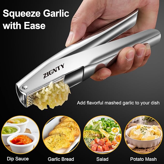 Garlic Press Stainless Steel，Premium Garlic Mincer Tool，No Need to Peel Garlic Ginger Crusher & Masher Easy Squeeze Large Trough Ergonomic Handle，Rust Proof，Dishwasher Safe (5 Years Warranty)