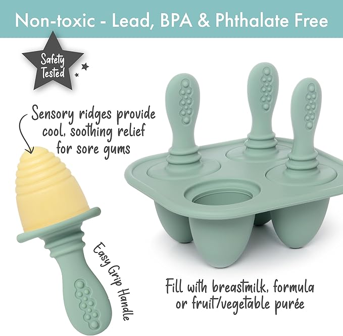 PrimaStella Silicone Petite Pops - Baby Popsicle Mold - BPA Free - Dishwasher Safe - 4 months+ (Sage Green Teether Pops)