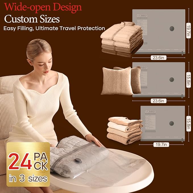 24 Pack Vacuum Seal Bags for Clothing Travel with Rechargeable air Pump, Carry-on Size Compression Packing Bags for Luggage and Suitcase, Space Saver for Clothes