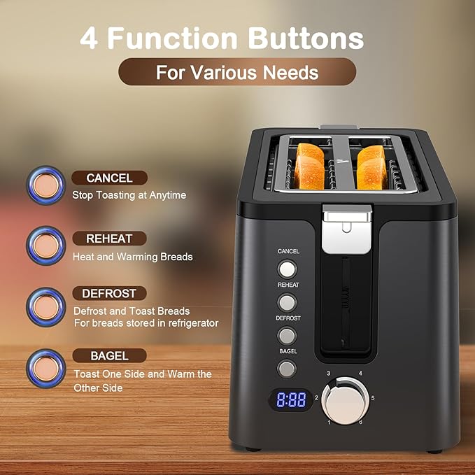 Mecity 4 Slice Toaster, Long Slot Toaster with Timer, Bagel, Defrost, Reheat, Cancel Functions, Warming Rack, Removable Tray, 6 Browning Settings, Extra Wide Slots, Stainless Steel, 1300W