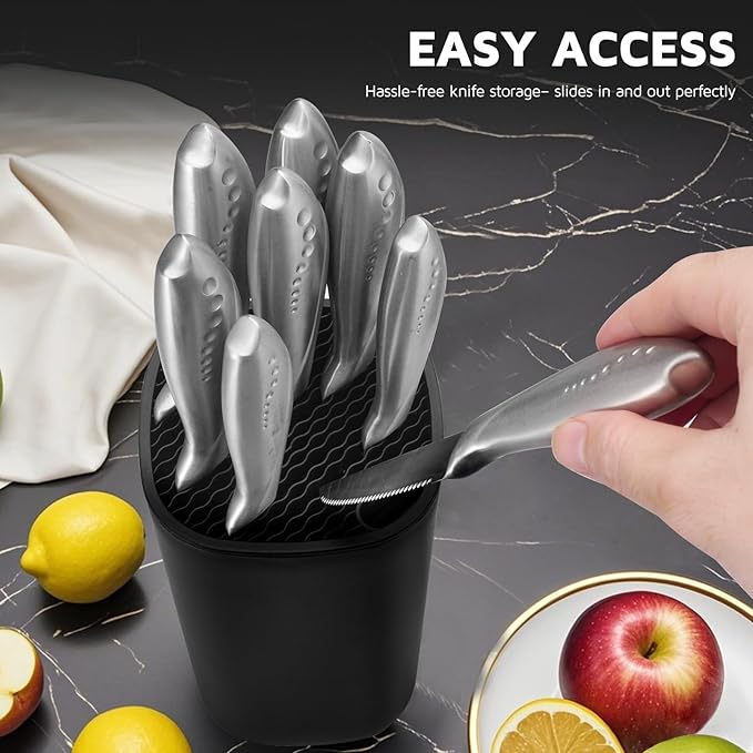 Universal Knife Block Holder for Kitchen, WELLSTAR Knife Stand without Knives, Safe Space Saver Large Volume Stable Knife Storage with Scissors Slot, Detachable for Easy Cleaning – Black