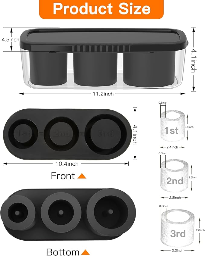 Ice Cube Tray for Tumbler Cup 30Oz-40Oz, 3 Pcs Silicone Cylinder Ice Mold with Lid and Bin for Freezer, Easy Fill and Release Ice Maker for Whiskey, Cocktail BPA-Free (Black, 40Oz)