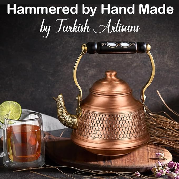 Vintage 100% Pure Solid Copper Turkish Hammered TeaPot Tea Kettle Pot for Stovetop Stove Top Infuser Decorative Fancy Arabic Moroccan Party Serving Kitchen Antique Handmade Unique Style Gooseneck Gift