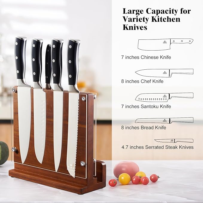 ENOKING Magnetic Knife Block with Acrylic Shield, Double Side Kitchen Knife Holder without Knives- Acacia Wood Universal Knife Storage Organizer with Powerful Magnet for Kitchen Counter