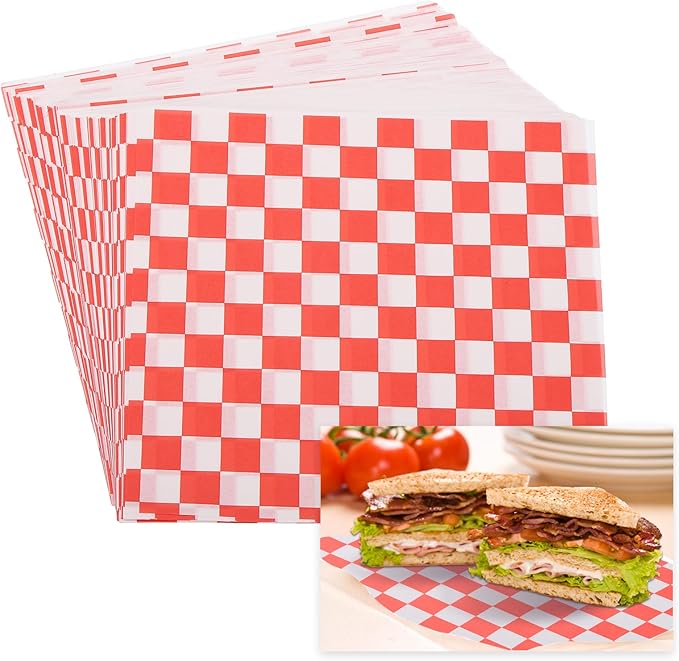 PATIKIL 5.9" x 5.9" Waxed Paper Sheets, 50Pcs Square Pattern Oil-absorbing Dry Food Wrapping Paper for Bakery Coffee Shop Home Baking Kitchen DIY, Red