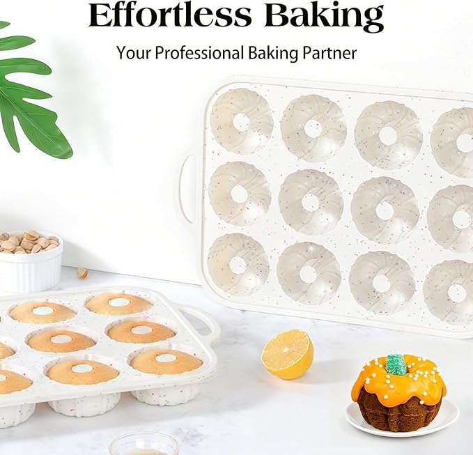 Vinino Silicone Mini Fluted Tube Cake Pans with Metal Reinforced Frame, 12-Cavity Mini Flan Molds, Non-stick Cupcakes Pans for Baking, Donuts, Muffins, Cornbread, Brownies, Jellies