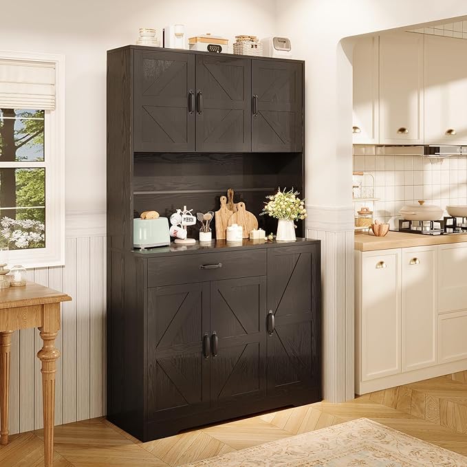 71" Kitchen Pantry Cabinet with Charging Station, Buffet Sideboard for Coffee Maker & Toaster, Storage Cabinet for Snacks, Spices & Wine, Fits Kitchen, Dining Room & Coffee Bar，Black wood grain