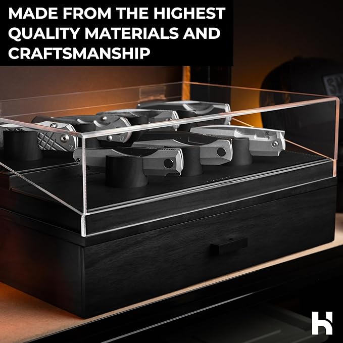 Premium Pocket Knife Display Case for 30 Knives - Large Wooden Knife Organizer, Storage & Holder with Unique Pillars, Hinged Cover, Drawer - Knife Collection Box - Handcrafted for Men