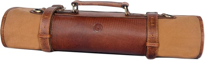 Leather Knife Roll Storage Bag, Elastic and Expandable 10 Pockets, Adjustable/Detachable Shoulder Strap, Travel-Friendly Chef Knife Case (Peanut, Canvas)