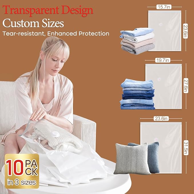 Vacuum Storage Bags for Clothing Travel, 10 Pack Vacuum Bags with Rechargeable Cordless Air Pump(2 Large+4 Medium+4 Small), Compression Packing for Clothes Blanket Suitcase Luggage