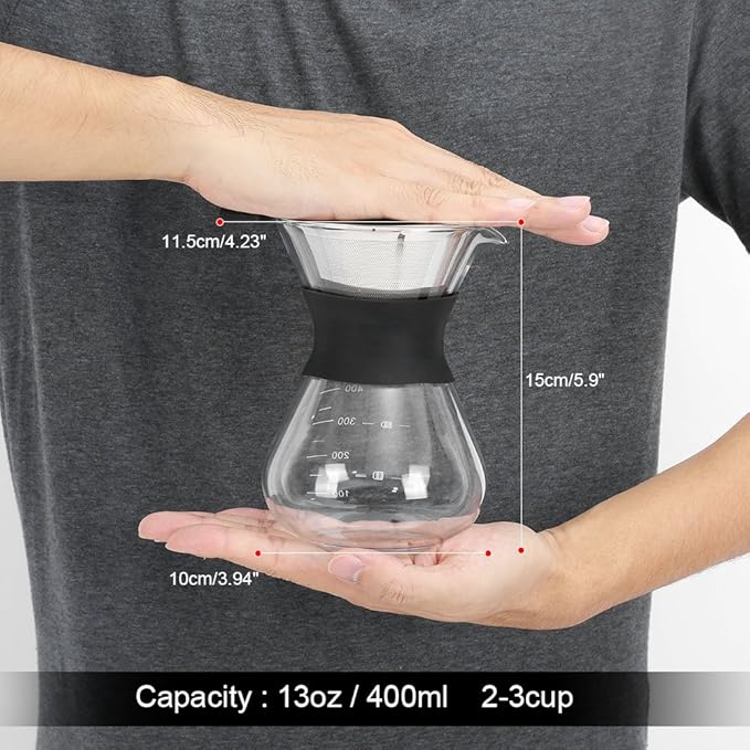 Zopsc 400ml Manual Hand Drip Glass Coffee Maker Pot with Stainless Steel Filter, Marks, Fine Mesh, Suitable for Kitchen, Dining Table, Easy to