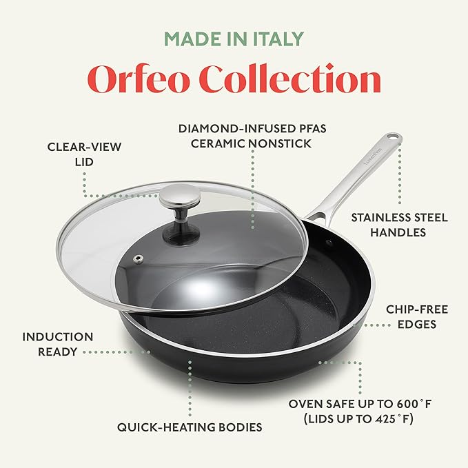 Orfeo 10 Piece Nonstick Cookware Set, Made in Italy, Diamond Ceramic PFAS-Free Pots & Pans, Induction Ready, Scratch Resistant, Laser-Fused Surface for Durability, Dishwasher Safe, Black
