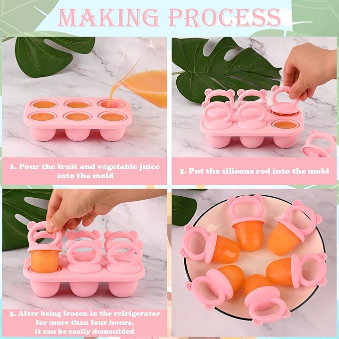 Sakolla Baby Popsicle Molds Mini 6-Cavity Silicone Ice Pop Mold with Sticks Breastmilk Popsicle Molds for Teething Relief Toddler Popsicle Mold for Ice Cream Frozen Yogurt and Fruit Juice (Pink)